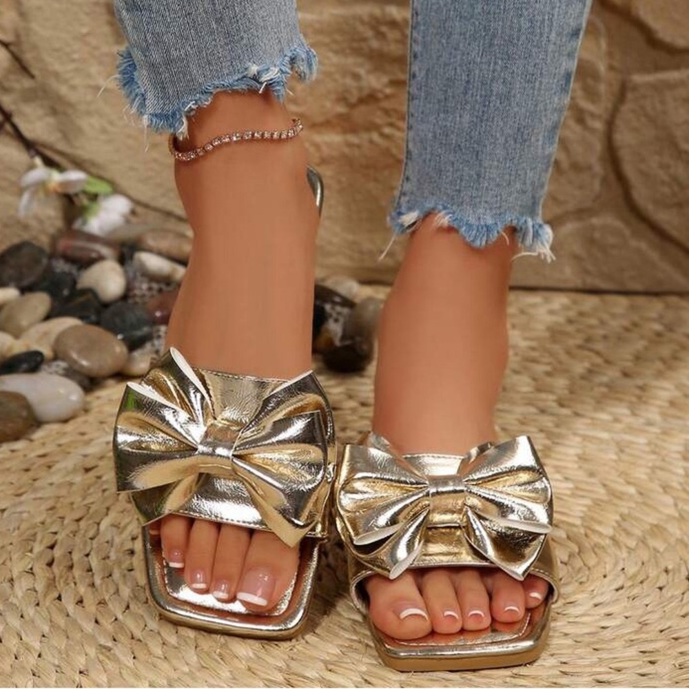 Gold Bow Slide Sandals for Women - Metallic Slip-On